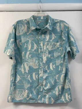 Croft & Barrow Teal and Cream Short-Sleeve Fish Print Button-Down Shirt